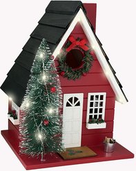 Home Bazaar Festive Lodge Ventilated Wooden Bird House with LED Lights, Red slide 2 of 4