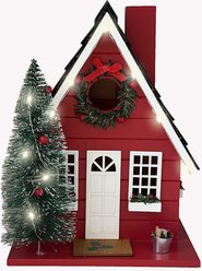 Home Bazaar Festive Lodge Ventilated Wooden Bird House with LED Lights, Red slide 1 of 4