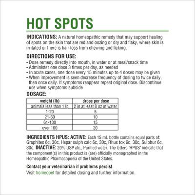 Show full view: HomeoPet Hot Spots Homeopathic Medicine for Hot Spots for Birds, Cats, Dogs & Small Pets, 450 drops slide 7 of 9