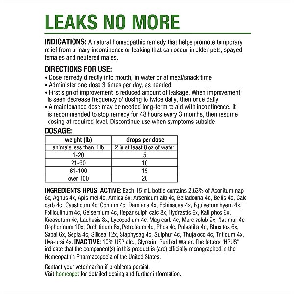 Show full view: HomeoPet Leaks No More Homeopathic Medicine for Incontinence for Birds, Cats, Dogs & Small Pets, 450 drops slide 6 of 8