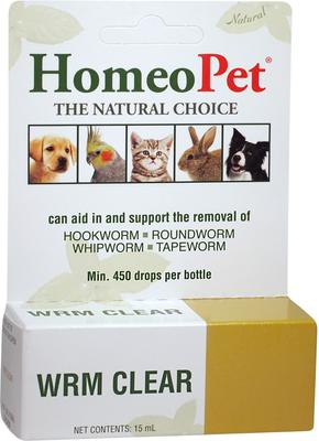 Show full view: HomeoPet WRM Clear Dewormer for Hookworms, Roundworms, Tapeworms & Whipworms for Birds, Cats, Dogs & Small Pets, 450 drops slide 1 of 7