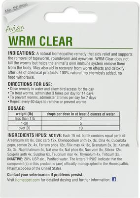 Show full view: HomeoVet Avian WRM Clear Worms Removal Bird Supplement, 15mL tube slide 2 of 2
