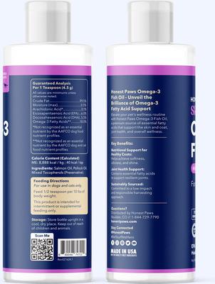 Show full view: Honest Paws Omega-3 Fish Oil with Wild Alaskan Salmon Liquid Skin & Coat Supplement for Dogs, 16-fl oz bottle slide 7 of 12