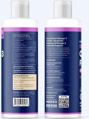 Show full view: Honest Paws Omega-3 Fish Oil with Wild Alaskan Salmon Liquid Skin & Coat Supplement for Dogs, 8-fl oz bottle slide 7 of 12