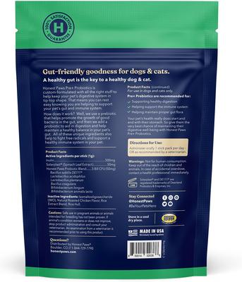 Show full view: Honest Paws Well Pre+ Probiotic Digestive Support Chicken Flavored Powder Supplement for Dogs & Cats, 30 count slide 3 of 11
