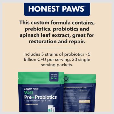 Show full view: Honest Paws Well Pre+ Probiotic Digestive Support Chicken Flavored Powder Supplement for Dogs & Cats, 30 count slide 6 of 11
