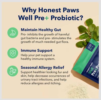 Show full view: Honest Paws Well Pre+ Probiotic Digestive Support Chicken Flavored Powder Supplement for Dogs & Cats, 30 count slide 7 of 11