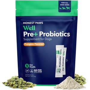 Honest Paws Well Pre+ Probiotics Pumpkin Flavored Powder Digestive Support Supplement for Dogs, 30 count