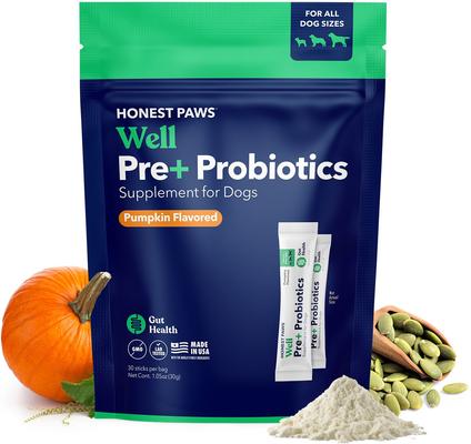 Show full view: Honest Paws Well Pre+ Probiotics Pumpkin Flavored Powder Digestive Support Supplement for Dogs, 30 count slide 10 of 11