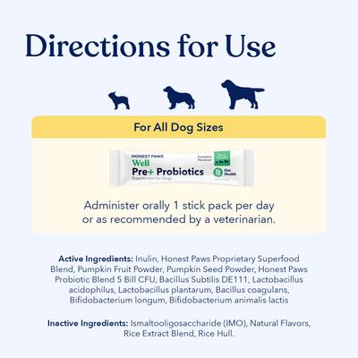 Show full view: Honest Paws Well Pre+ Probiotics Pumpkin Flavored Powder Digestive Support Supplement for Dogs, 30 count slide 5 of 11
