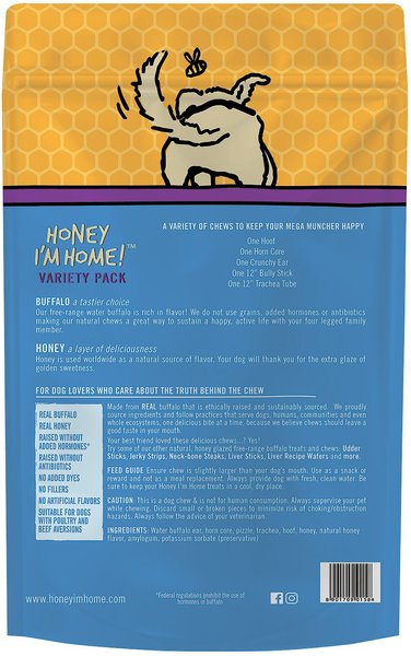 Honey I'm Home! Mega Muncher Variety Pack Natural Honey Coated Buffalo Chews Grain-Free Dog Treats, 5 count