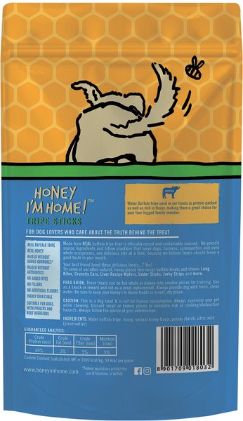 Honey I'm Home Tripe Sticks Honey Coated Buffalo Treats Natural Dog Chews, 5.29-oz bag