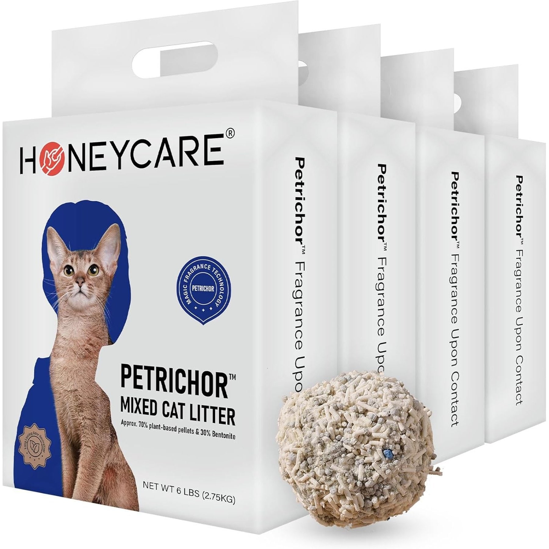 HoneyCare Natural Plant-Based Tofu Pellets & Bentonite Petrichor Mixed Lily Scented with Low-Dust Clumping Cat Litter, 6-lb bag, case of 4