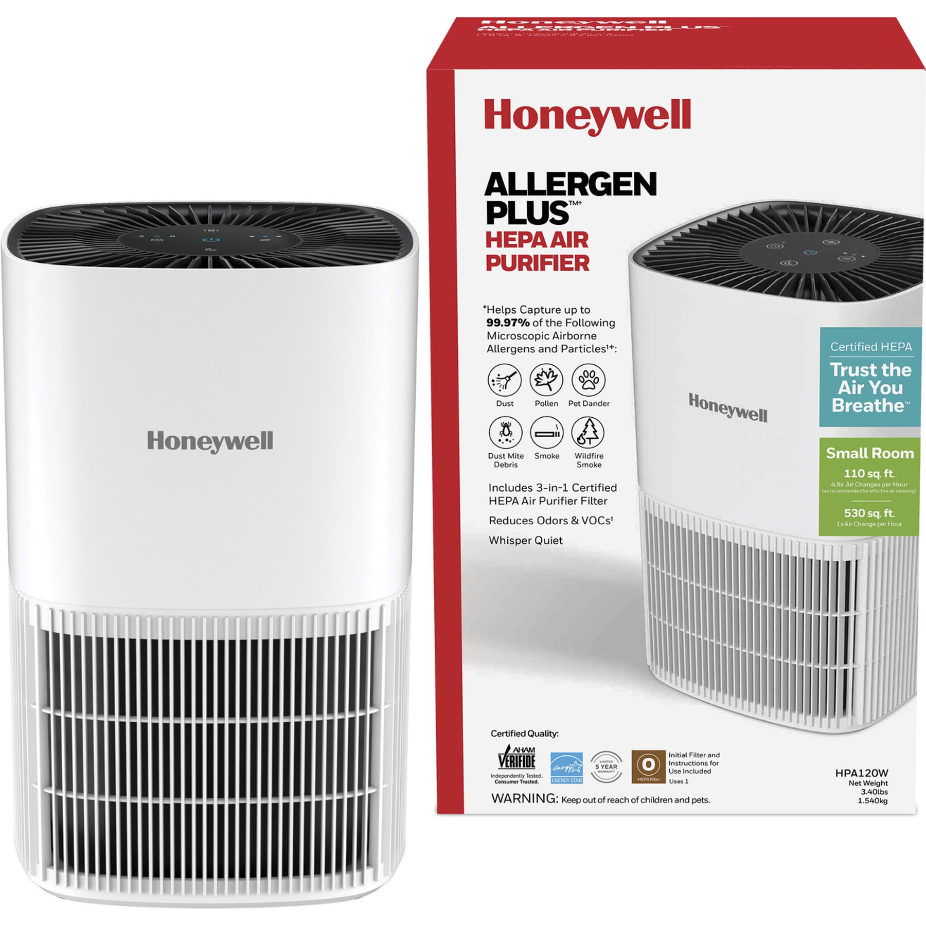 Honeywell Allergen Plus HEPA Air Purifier, White, 6.92 x 6.92 x 10.94-in