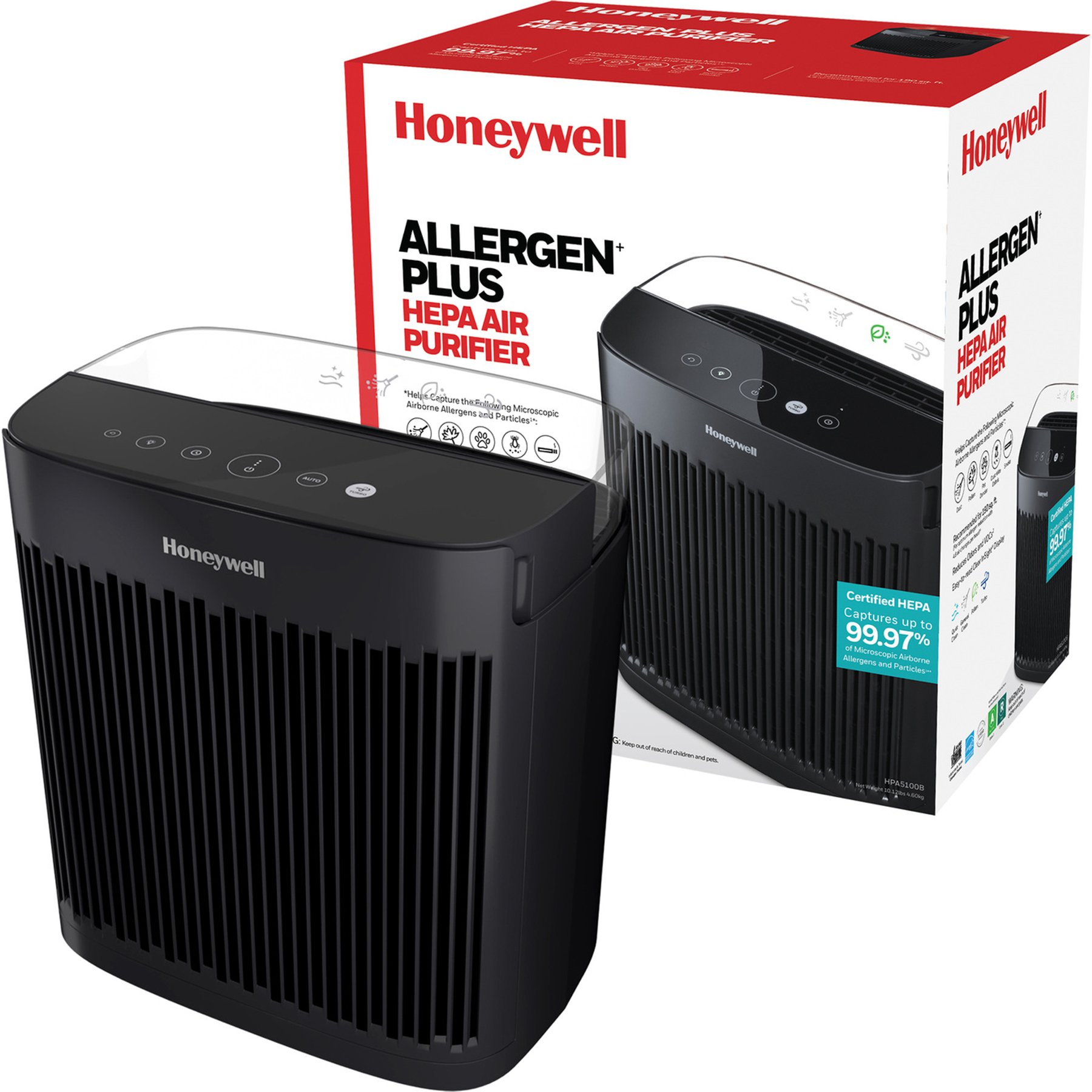Honeywell Allergen Plus HPA5100B HEPA Air Purifier, Black, 13.9 x 15 x 9.2-in