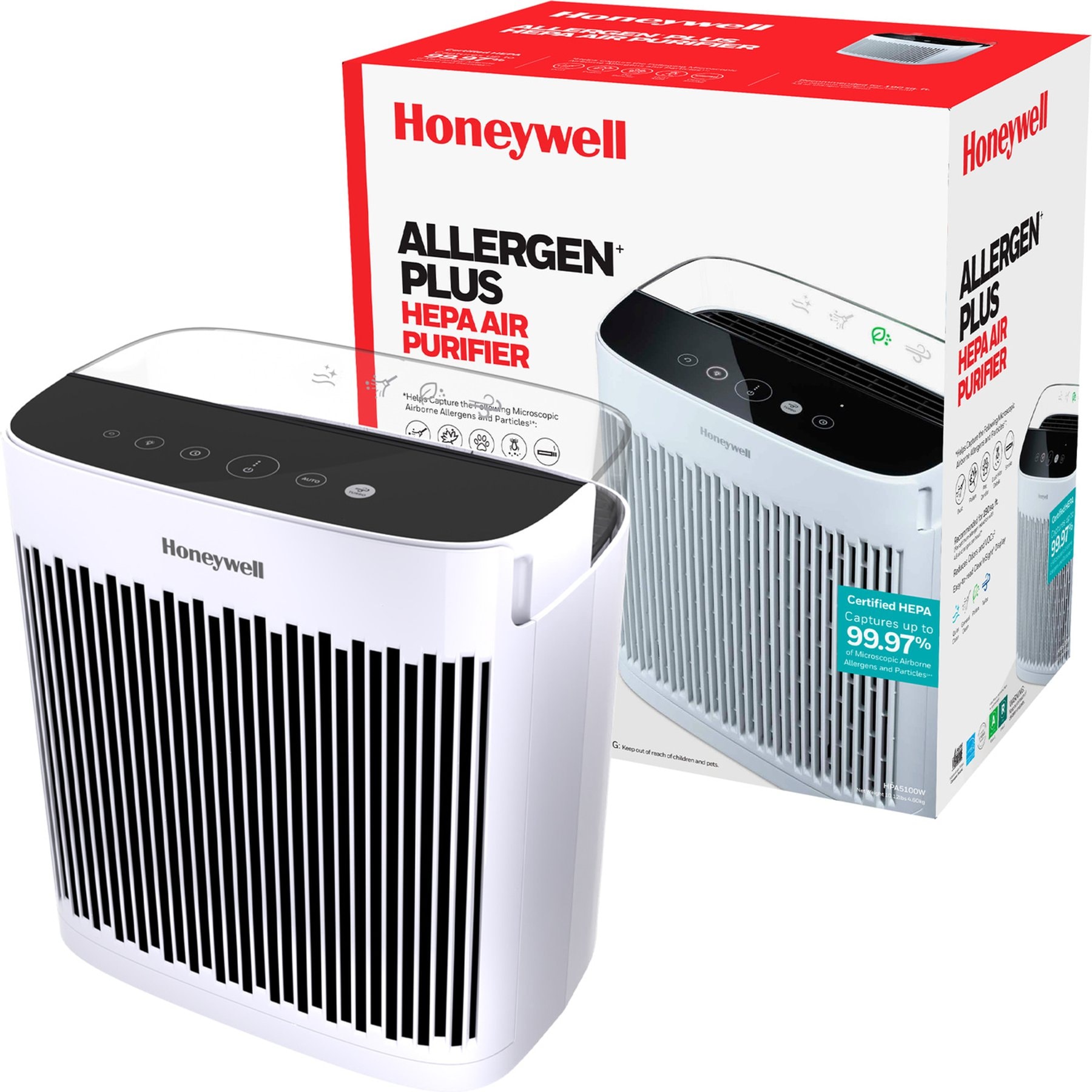 Honeywell HEPA HPA5100W Air Purifier, White, 15 x 13.9 x 9.2-in