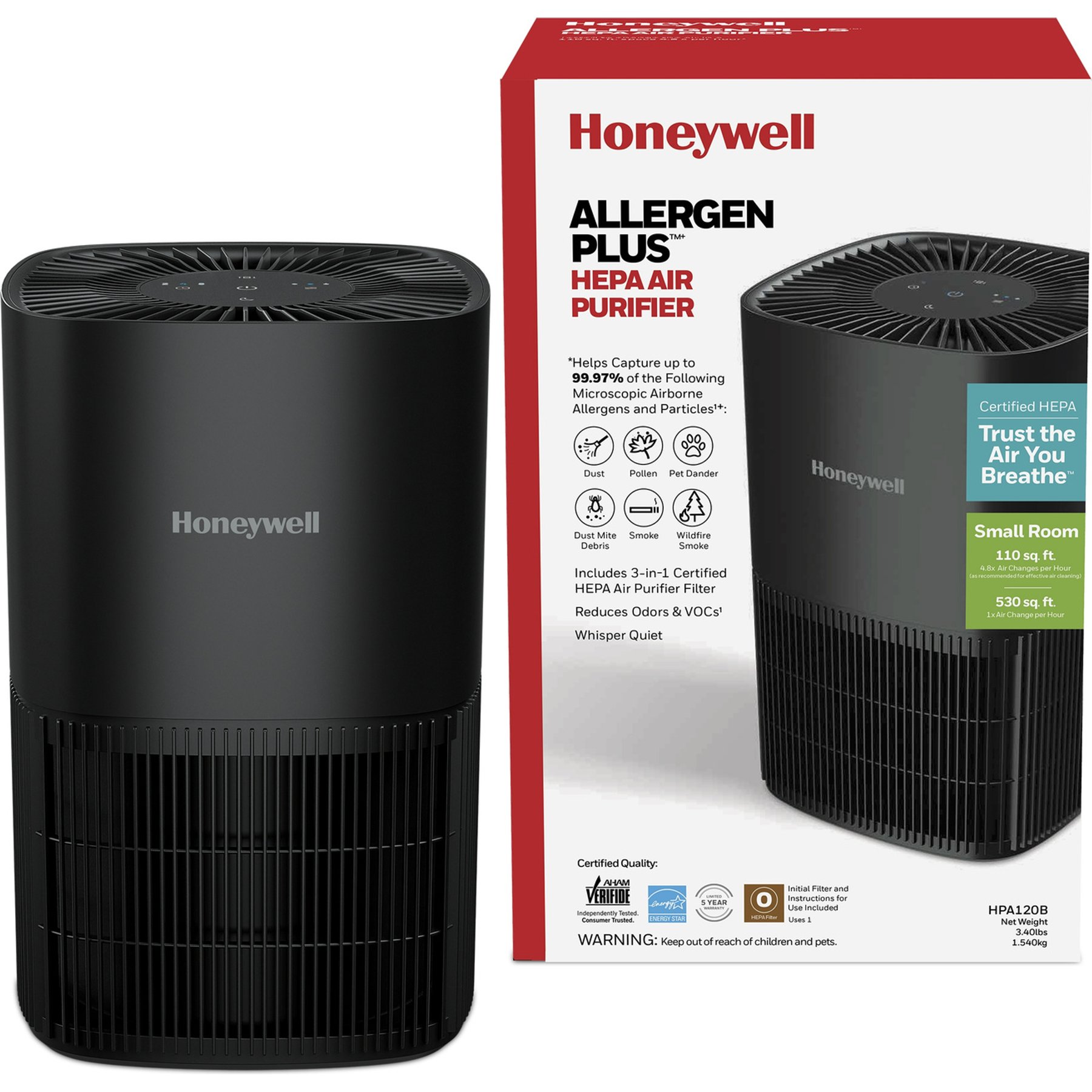 Honeywell Tabletop Allergen Plus HEPA Air Purifier, Black, 6.92 x 6.92 x 10.94-in