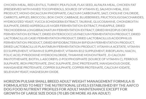 Show full view: Horizon Pulsar Weight Management Adult Grain-Free Chicken, Turkey & Salmon Small Breed Dry Dog Food, 8.8-lb bag slide 4 of 7