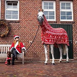 Horze Santa Christmas Fleece High Neck Horse Cooler, Red, 84-in