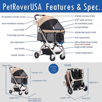 Show full view: HPZ Pet Rover Lite Premium Light Travel Airline-Compatible Pet Stroller, Taupe slide 7 of 10