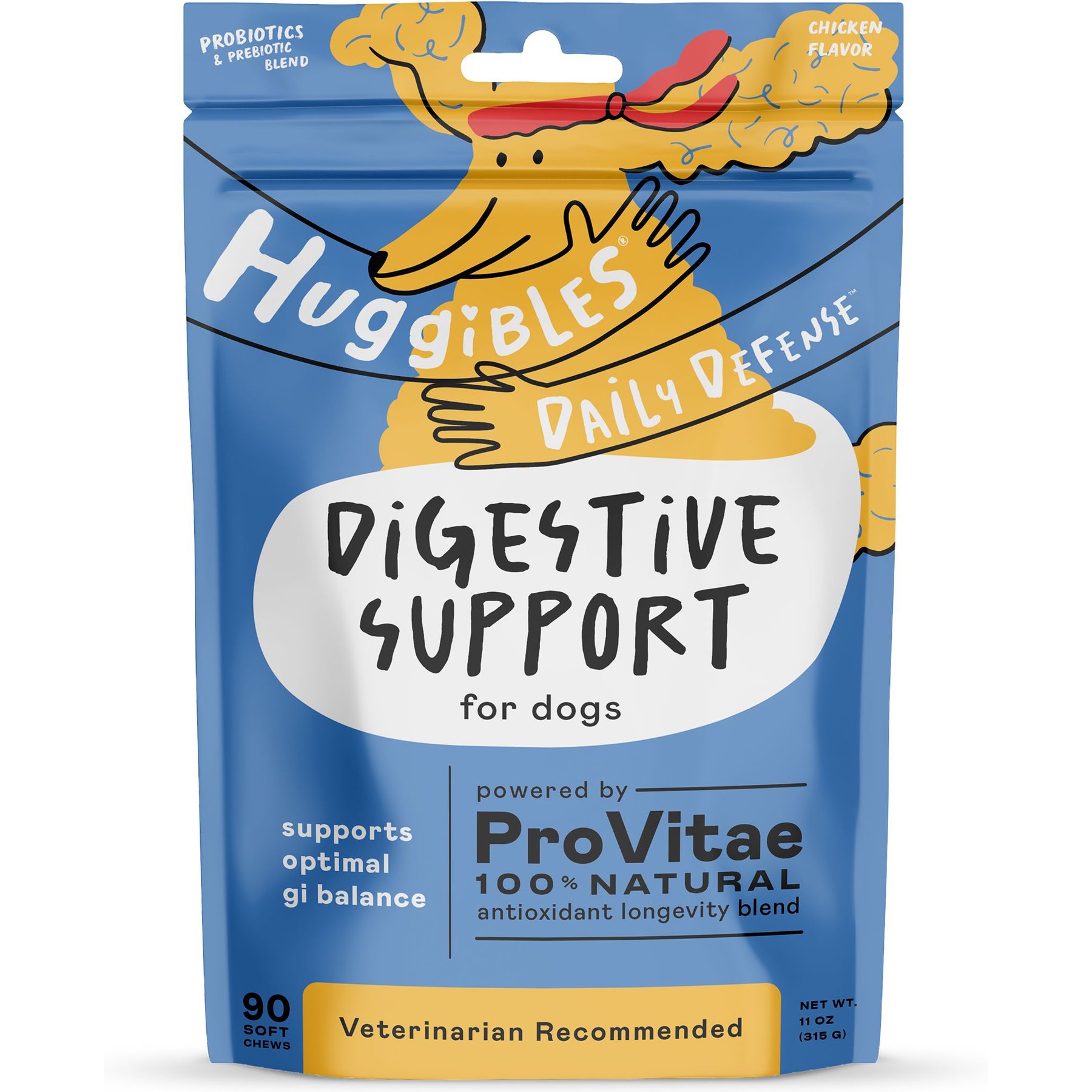 Huggibles Digestive Support with Probiotics Chicken Flavored Soft Chew Digestive Supplement for Dogs, 90 count