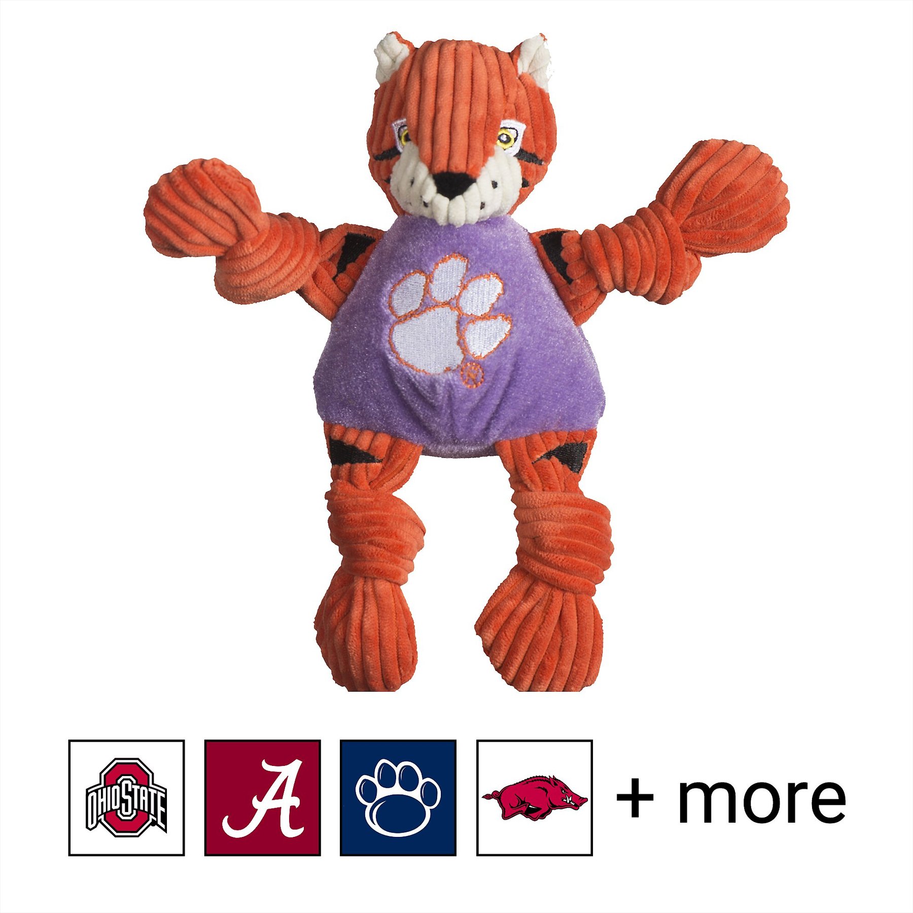HuggleHounds College Mascot Plush Corduroy Knottie Squeaky Plush Dog Toy, Clemson Tigers, Small