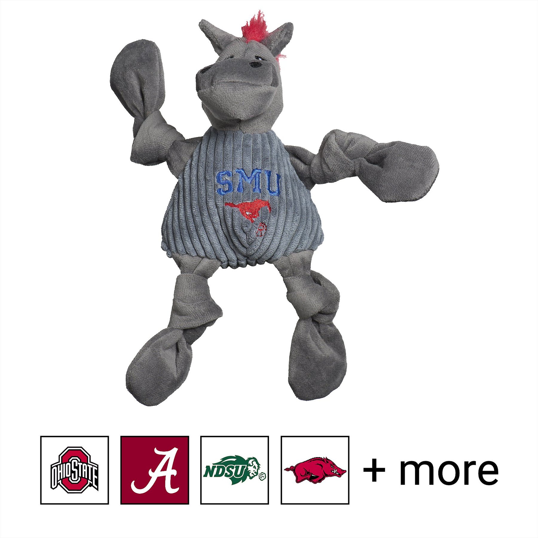 HuggleHounds College Mascot Plush Corduroy Knottie Squeaky Plush Dog Toy, Southern Methodist Mustangs, Small