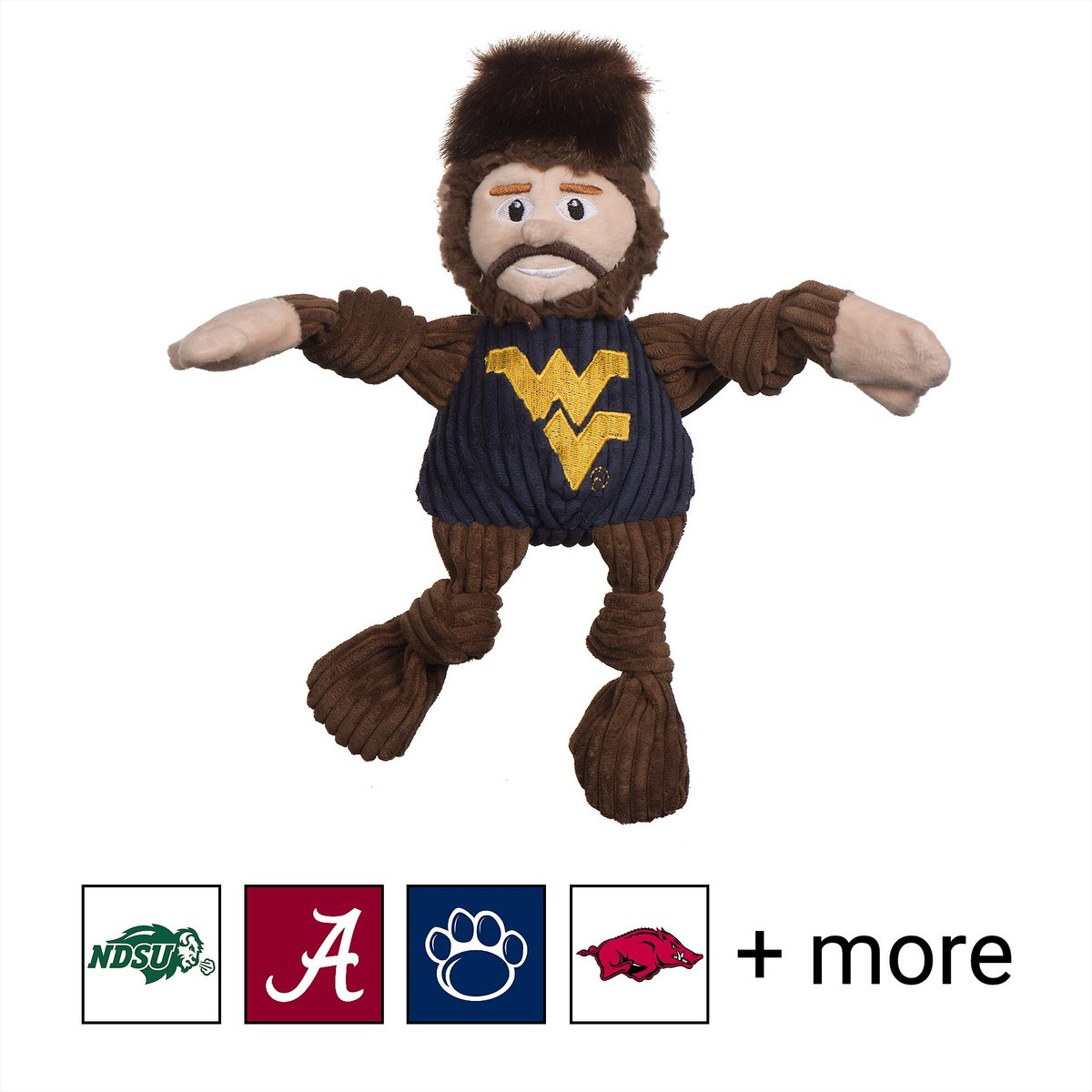 HuggleHounds College Mascot Plush Corduroy Knottie Squeaky Plush Dog Toy, West Virginia Mountaineers, Small