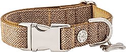 HUGO & HUDSON Checked Herringbone Tweed Metal Buckle Dog Collar, Caramel, X-Small