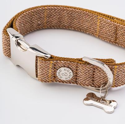Show full view: HUGO & HUDSON Checked Herringbone Tweed Metal Buckle Dog Collar, Caramel, X-Small slide 6 of 9