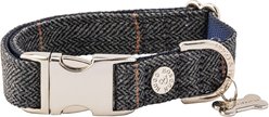 HUGO & HUDSON Checked Herringbone Tweed Metal Buckle Dog Collar, Grey, Large