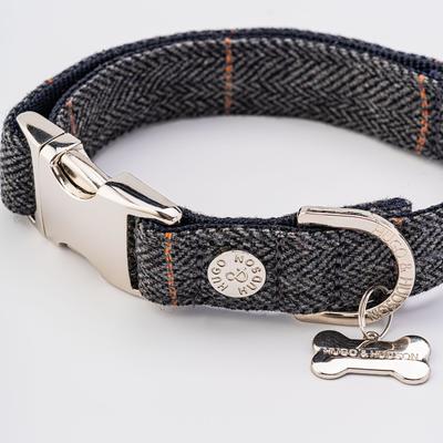 Show full view: HUGO & HUDSON Checked Herringbone Tweed Metal Buckle Dog Collar, Grey, X-Small slide 5 of 10