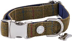 HUGO & HUDSON Checked Tweed Metal Buckle Dog Collar, Dark Green, Small