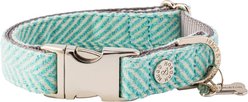 HUGO & HUDSON Herringbone Tweed Metal Buckle Dog Collar, Aqua, Large