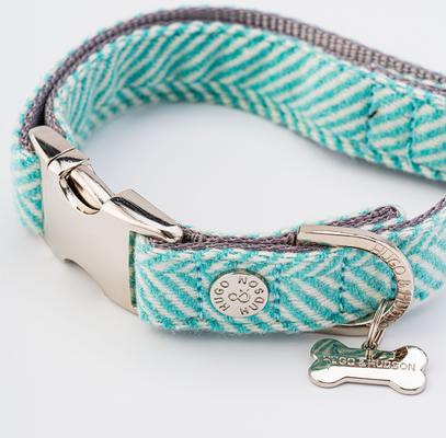Show full view: HUGO & HUDSON Herringbone Tweed Metal Buckle Dog Collar, Aqua, Large slide 4 of 10