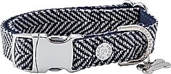 HUGO & HUDSON Herringbone Tweed Metal Buckle Dog Collar, Navy, Medium