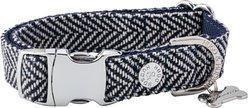 HUGO & HUDSON Herringbone Tweed Metal Buckle Dog Collar, Navy, X-Small