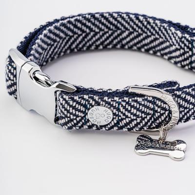 Show full view: HUGO & HUDSON Herringbone Tweed Metal Buckle Dog Collar, Navy, X-Small slide 5 of 11