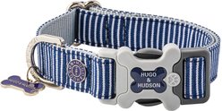 HUGO & HUDSON Nylon Striped Bone Buckle Dog Collar, Navy, Large