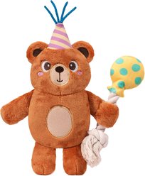 HugSmart Birthday Party Bear Plush with Rope Squeaky Dog Toy, Brown, Small/Medium: 14.2 x 11 x3-in