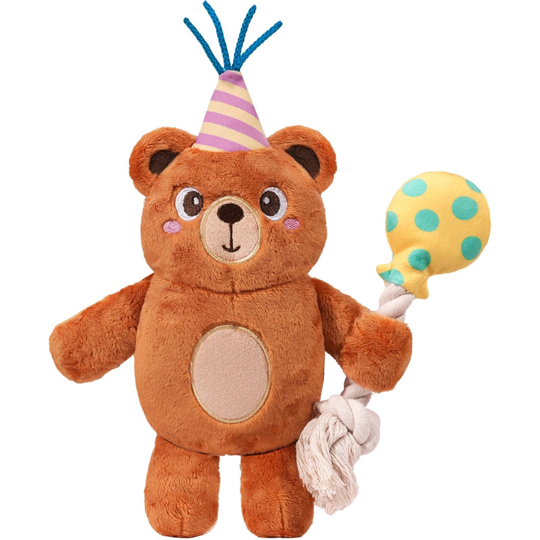 HugSmart Birthday Party Bear Plush with Rope Squeaky Dog Toy, Brown, Small/Medium: 14.2 x 11 x3-in