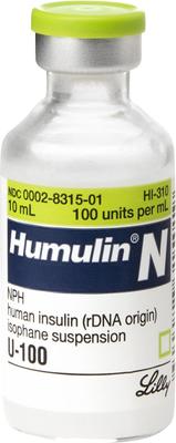 Show full view: Humulin N (NPH human insulin (rDNA origin) isophane suspension) U-100 Injectable, 10-mL vial slide 2 of 5