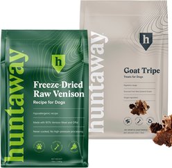 Huntaway Venison Grain-Free Freeze-Dried Food, 12-oz bag + Goat Tripe Air-Dried Dog Treats, 3-oz bag