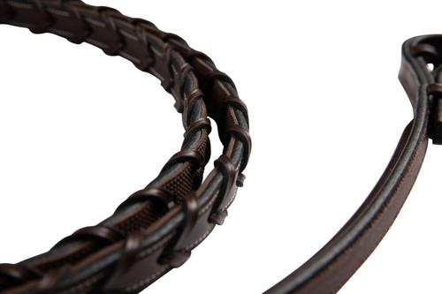 Show full view: Huntley Equestrian Sedgwick Fancy Stitched Rubber Lined Laced Horse Reins, Full, Brown slide 5 of 8