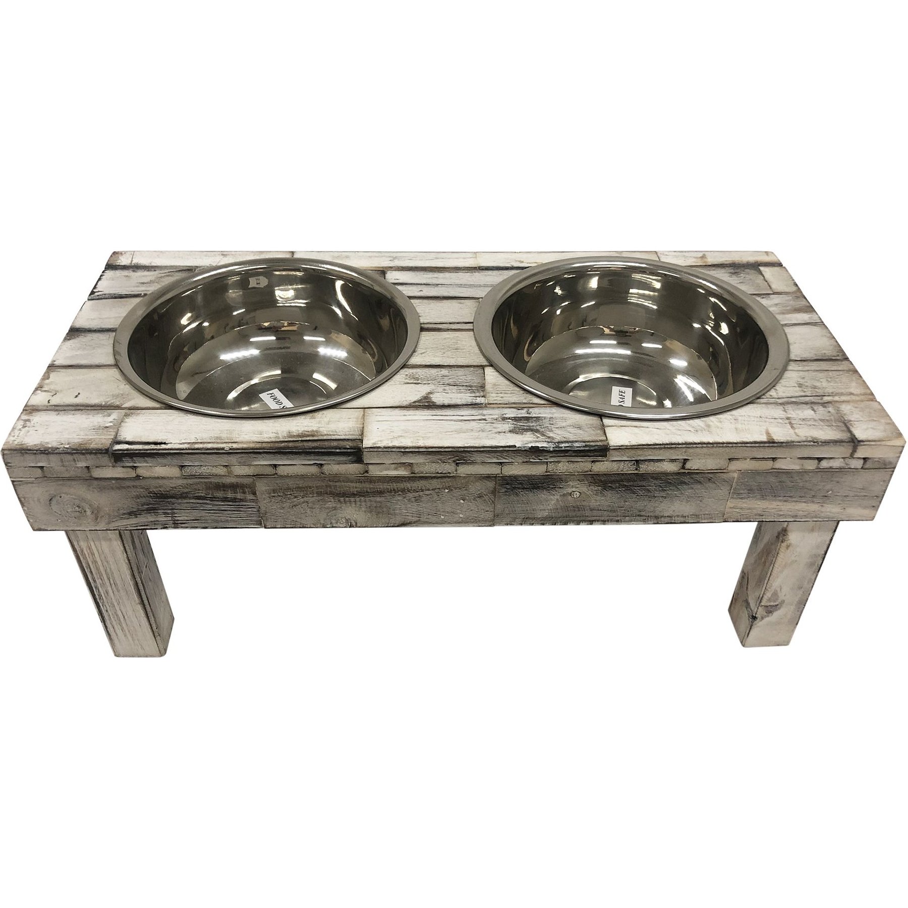 Huntley Pet Berjen Table Elevated Double Bowl Dog & Cat Feeder, White Wash, Large