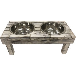 Huntley Pet Berjen Table Elevated Double Bowl Dog & Cat Feeder, White Wash, Large