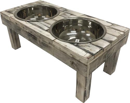 Show full view: Huntley Pet Berjen Table Elevated Double Bowl Dog & Cat Feeder, White Wash, Small slide 5 of 9