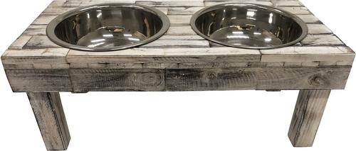 Show full view: Huntley Pet Berjen Table Elevated Double Bowl Dog & Cat Feeder, White Wash, Small slide 6 of 9