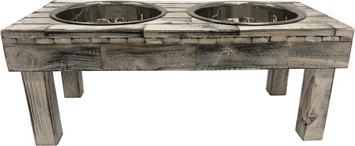 Show full view: Huntley Pet Berjen Table Elevated Double Bowl Dog & Cat Feeder, White Wash, Small slide 2 of 9