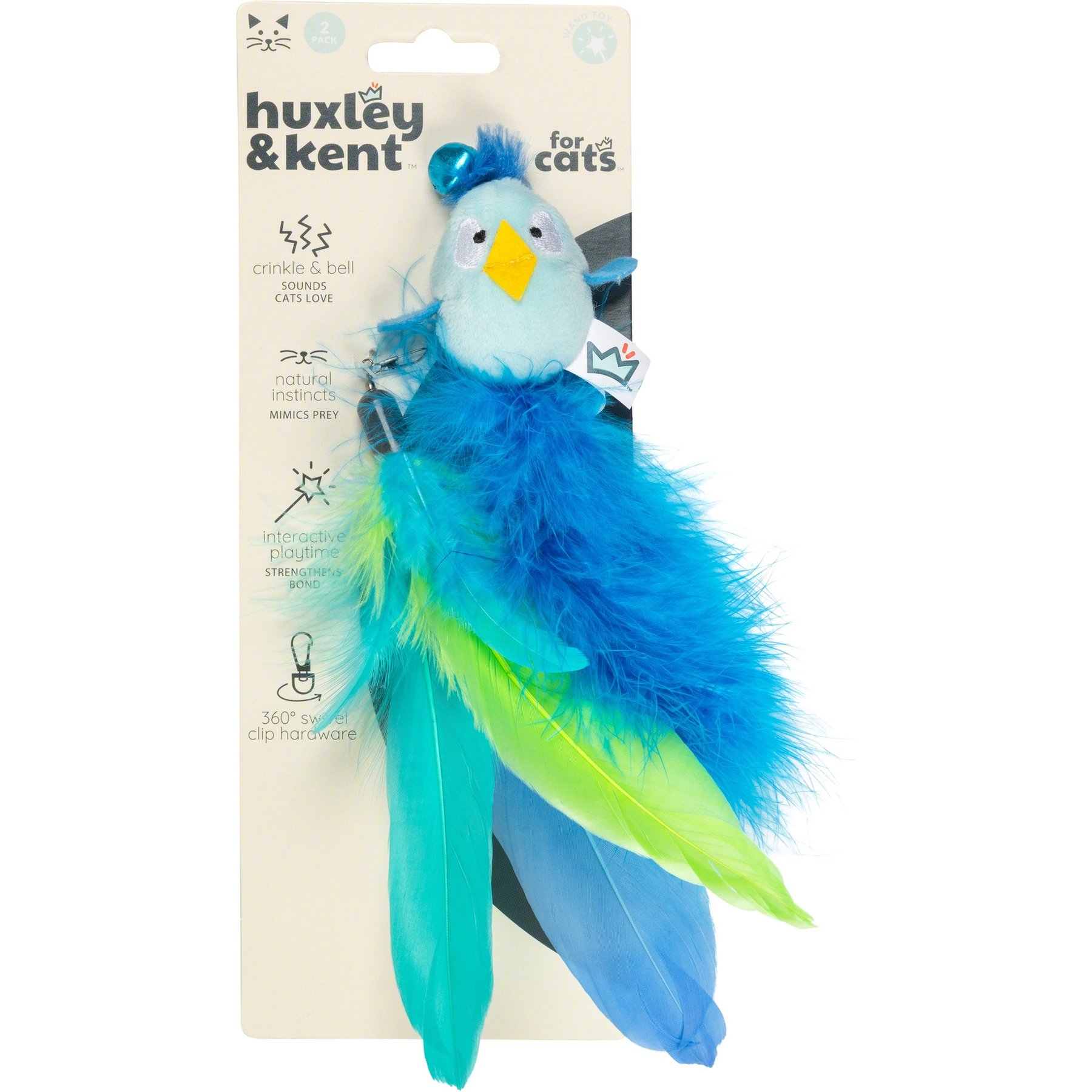 Huxley & Kent Cat Wand Refill 2 Pack Birdy Feather Teasers Cat Toy, Blue